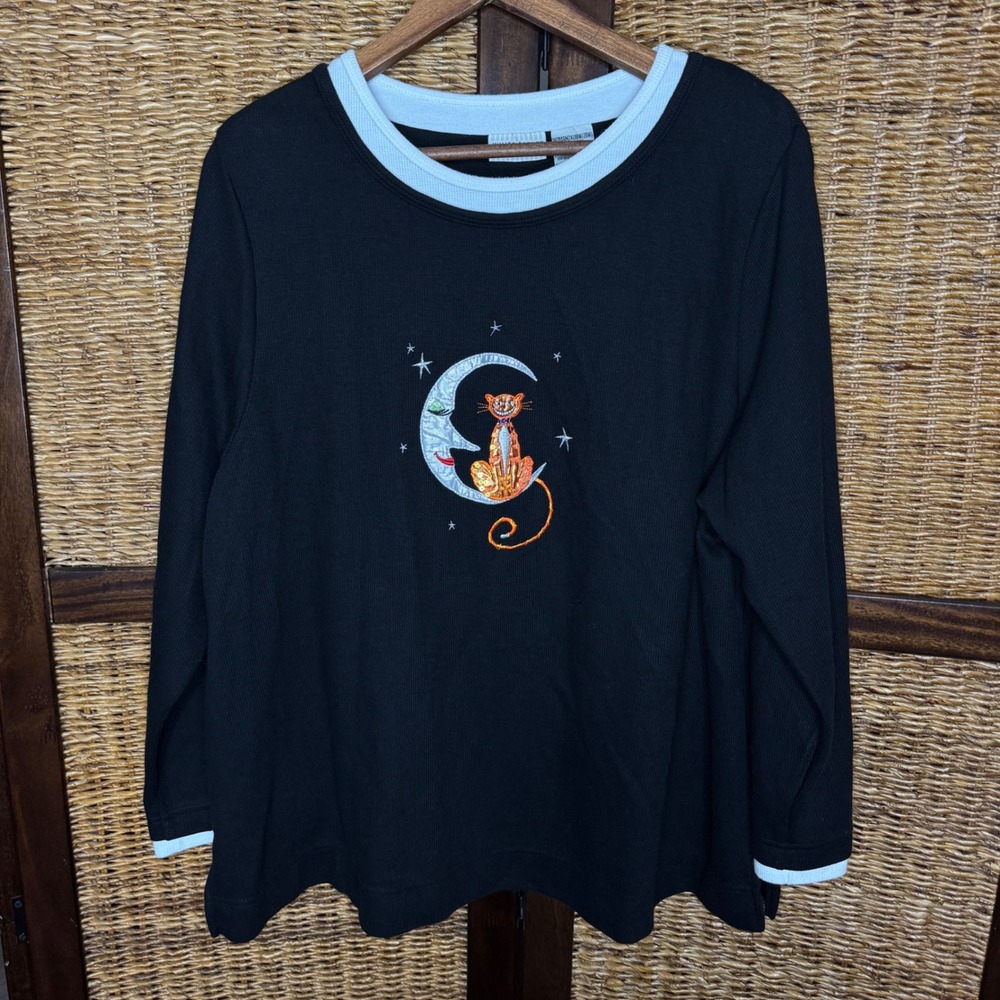 Vintage Woman 2X Black Ribbed Knit Top Halloween Cat Moon Stars Celestial